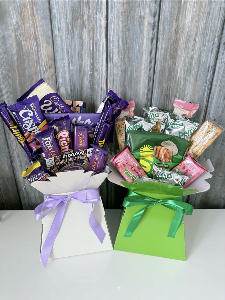 Chocolate and snack bouquets tied with lilac and green ribbon