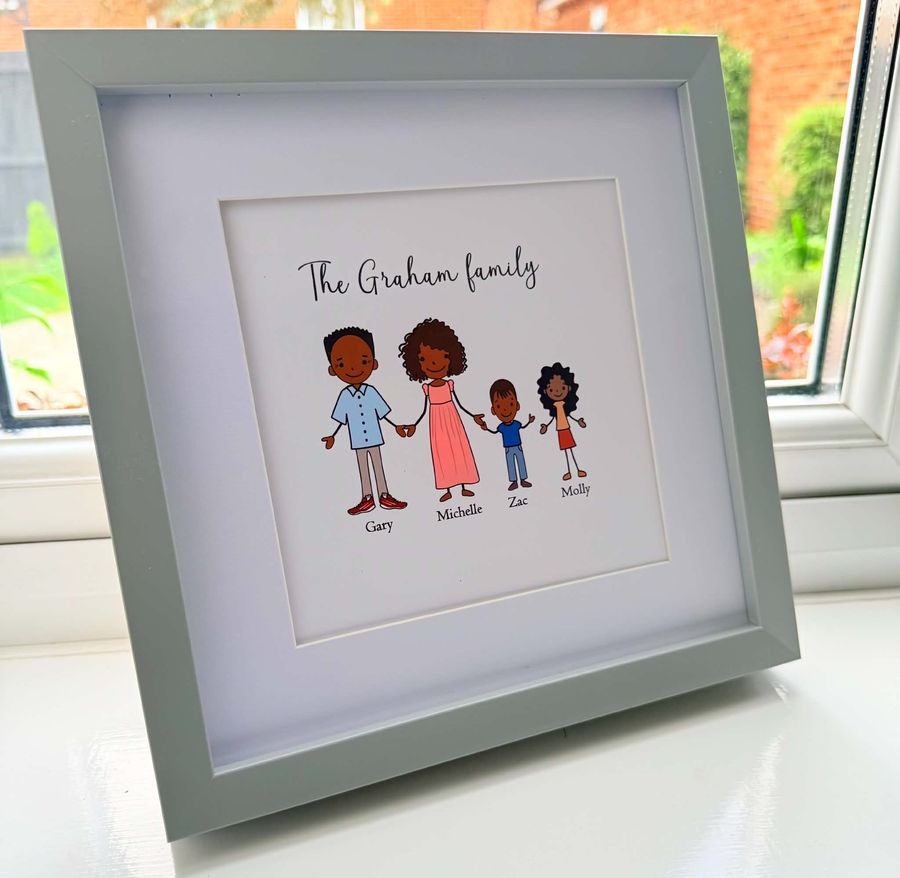 Personalised family portrait displayed in a white frame